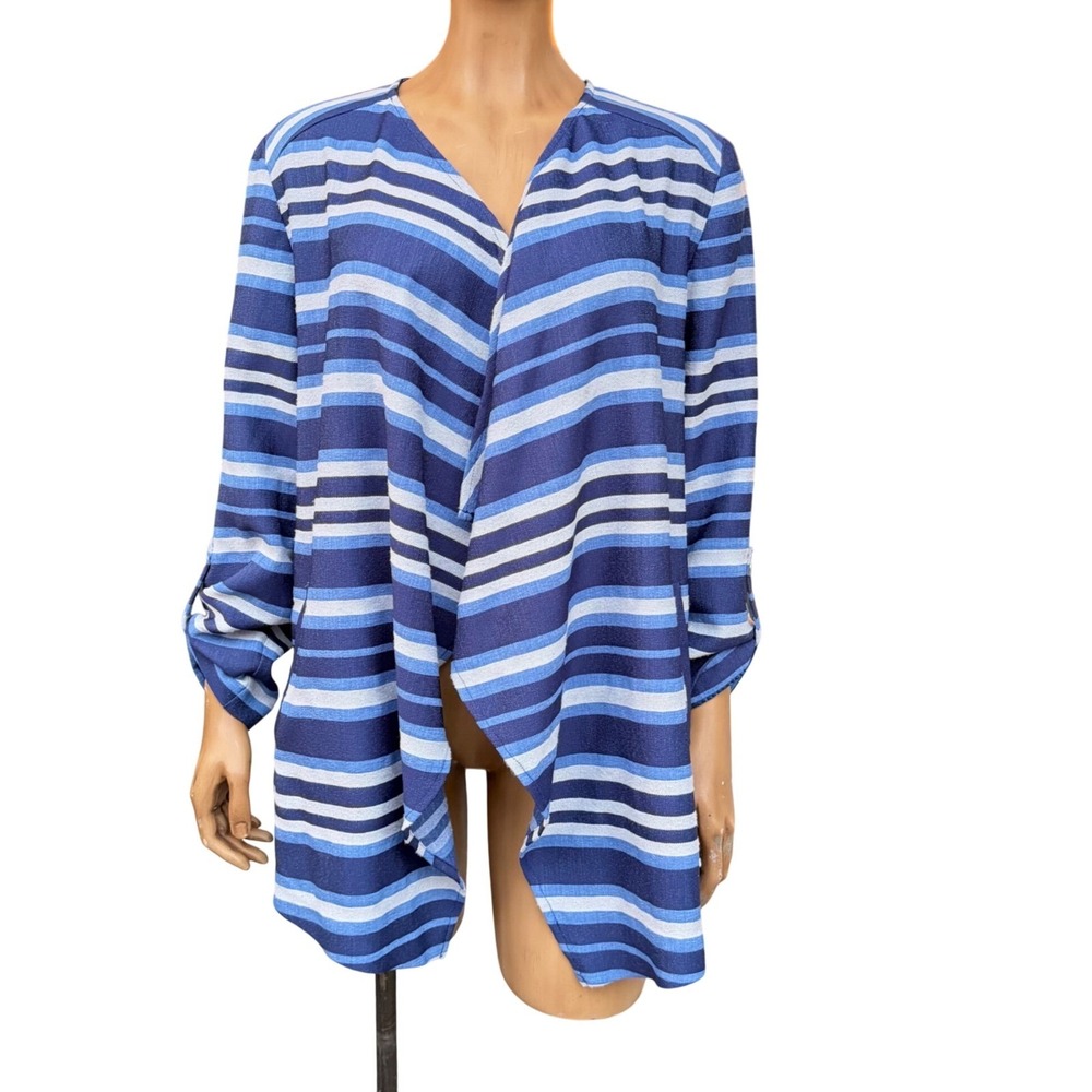 Ruby Rd Striped Linen Blend Cardigan Open Front Blue White Coastalgrandmother L